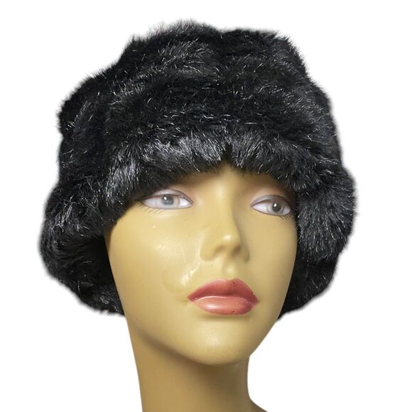 Vintage Black Faux Fur Pillbox Cossack Hat Size 7.5 Winter Glam Quiet Luxury - Picture 1 of 5